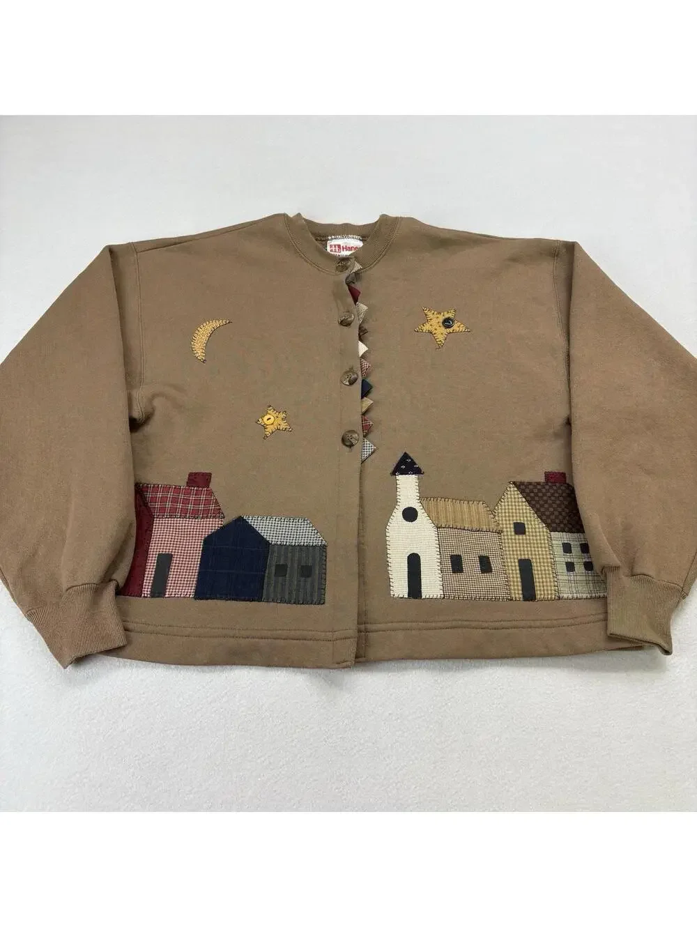 Vintage 90s Patchwork Town Sweatshirt Cardigan Womens Size XL Brown - Picture 1 of 9